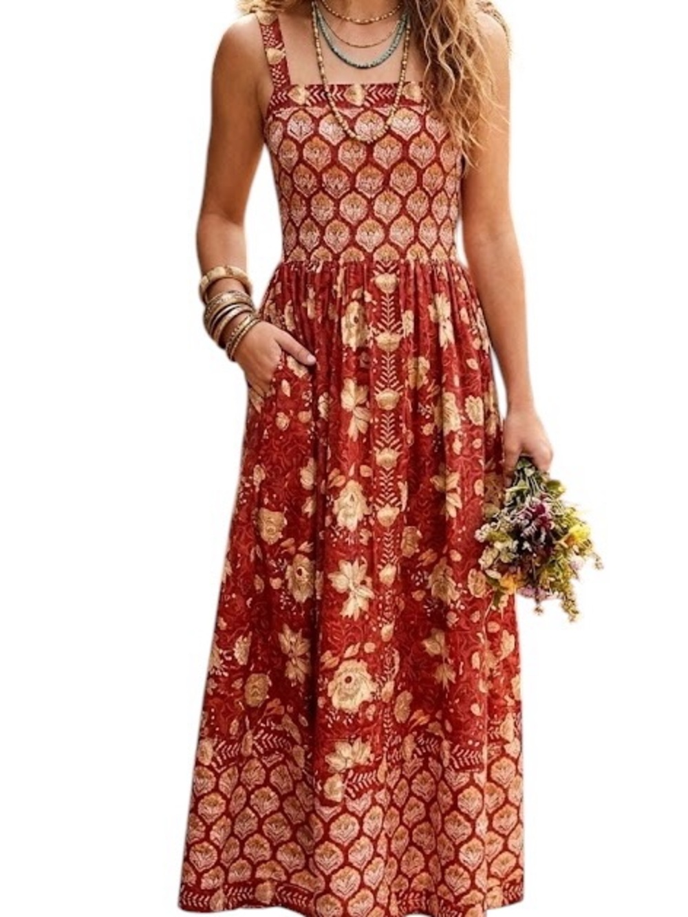 Block Print Red Floral Maxi Sundress with Square Neck